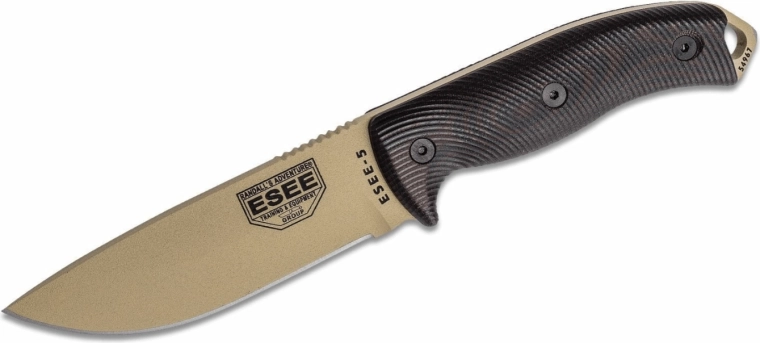 ESEE Model 5 udendørskniv 13,2 cm, sort‑rød, sandfarvet, G10, Kydex-skede