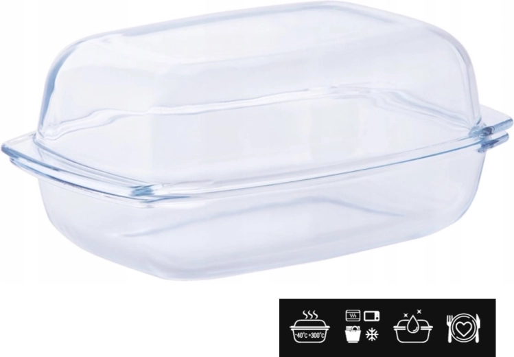 Rektangulær varmeresistent glasskål med låg 5 l