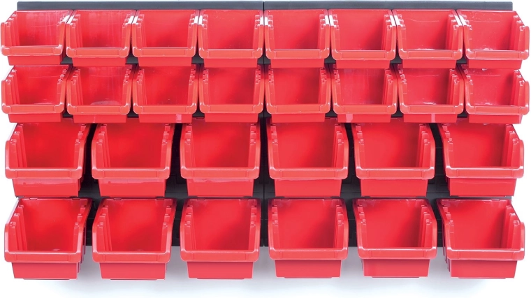 Vægophængt værktøjspanel med 28 bokse ORDERLINE, 800 × 165 × 400 mm