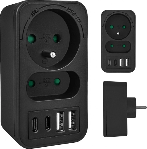 Stikdåseadapter med 1 schuko, 1 euro og 4× USB (2× USB‑A 18 W, 2× USB‑C PD 20 W)