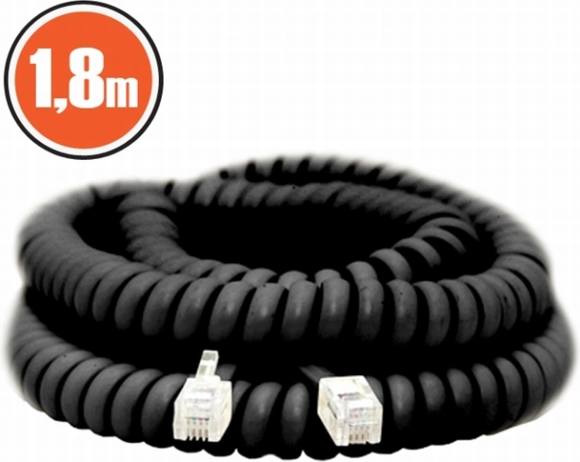 Spiralkabel til telefon 4P4C, 1,8 m, sort
