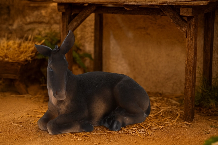 Figur af liggende æsel i polyresin til krybbe 14 × 26 × 21 cm