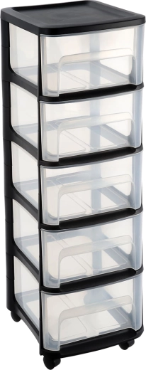 Modulær mobil skuffereol med 5 skuffer, sort