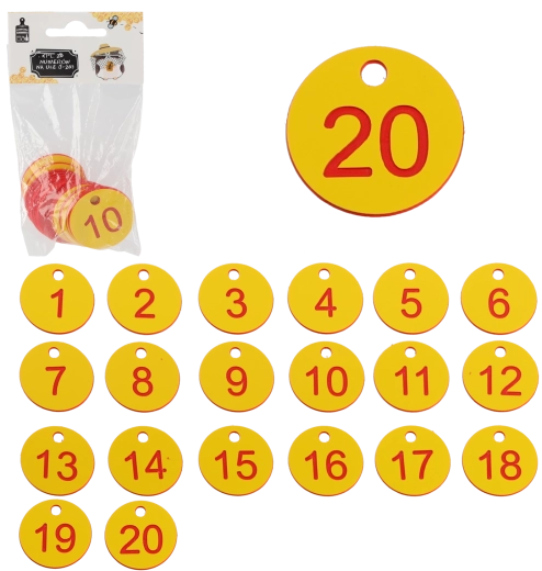 Sæt tal til bistader 1–20, plastjetoner med hul 3,5 cm