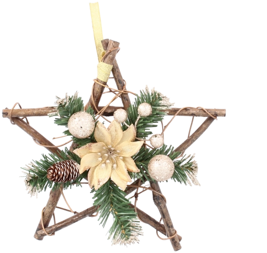 Ophængt stjerne i asketræ 25 cm i gylden farve
