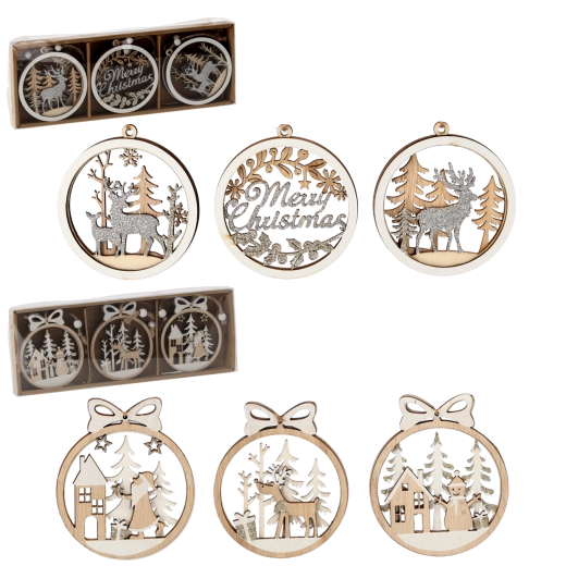 Sæt af træjulepynt – 6 stk.