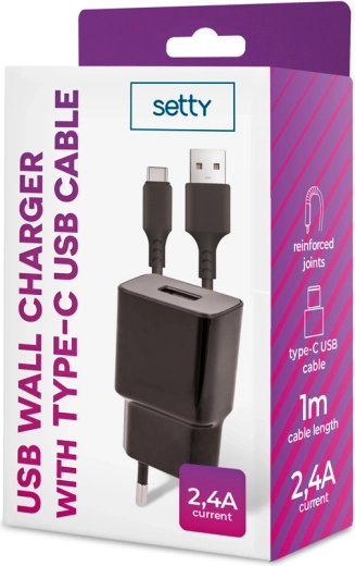 Setty vægoplader 1× USB 2,4 A sort + USB‑C kabel 1 m