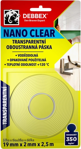 Dobbeltsidet nano-tape transparent 19 × 2 mm, 2,5 m