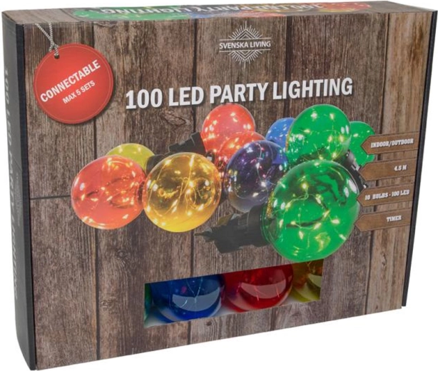 Partybelysning med 10 farvede kugler med timer, 100 LED, 4,5 m
