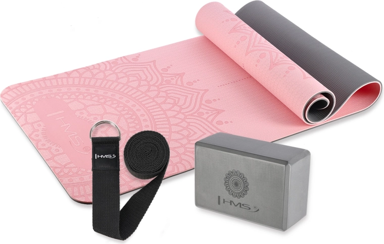 Rosa yogasæt HMS – måtte, blok og rem