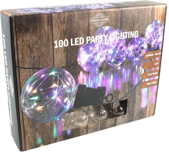 Partylys med regnbuekugler, 100 LED, 4,5 m, med timer