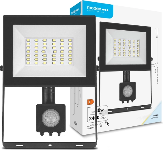 LED-projektør med sensor 30 W, 120°, 2400 lm, 6000 K – MODEE E‑series