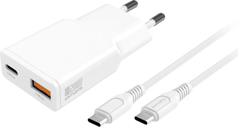 Vægoplader GaN 20 W med USB‑C og USB‑A + USB‑C kabel 1,5 m hvid