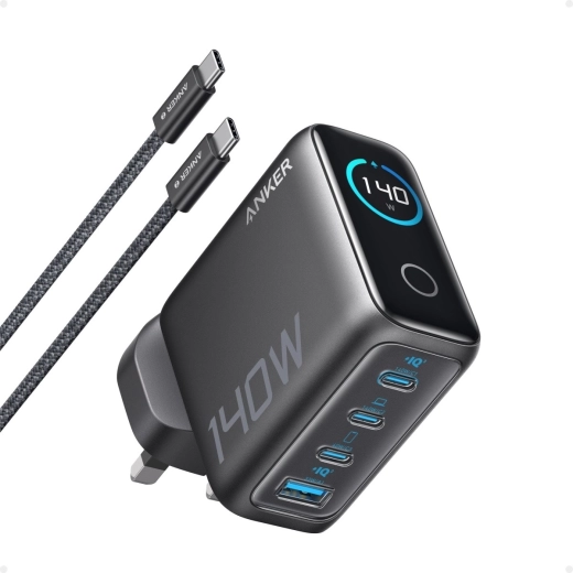 Anker 140 W PD 3.1 vægoplader med USB‑C-kabel og LED-display, grafit