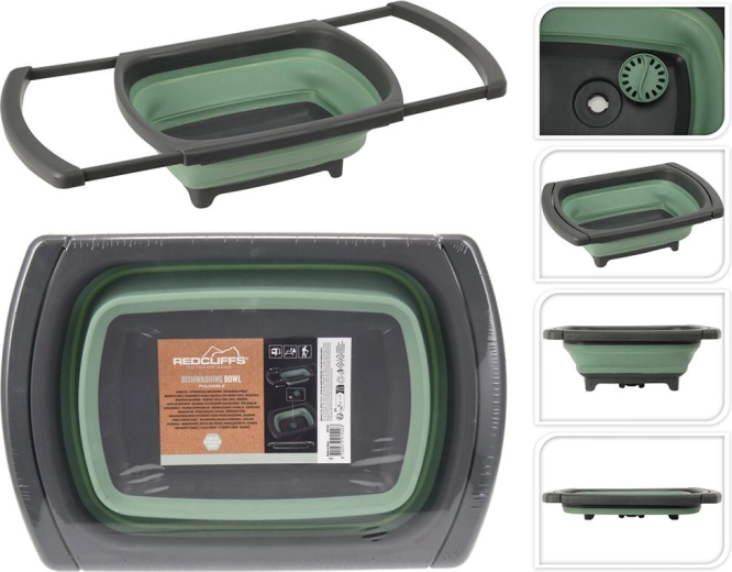 Sammenklappelig rektangulær vask 29 × 26 cm af polypropylen og TPE, grågrøn