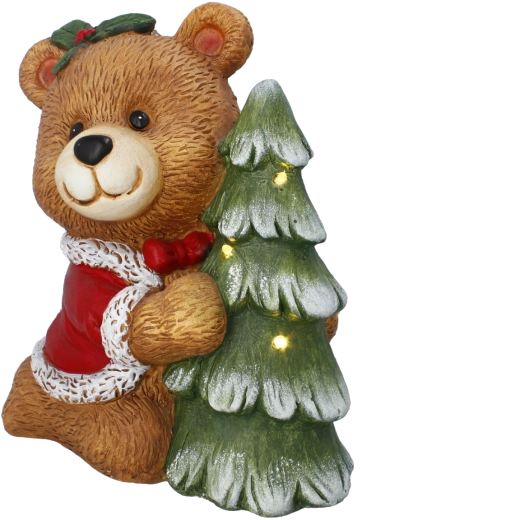 Julefigur med en bamse, et juletræ og LED-belysning