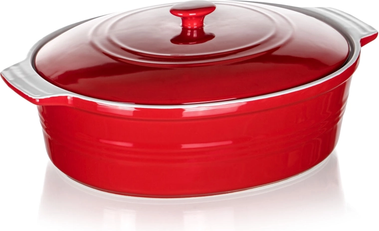 Keramisk bradepande med låg CULINARIA, oval 36,5 × 25 cm, rød/hvid