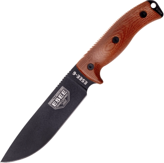 ESEE Model 6 overlevelseskniv med sort klinge og brun Micarta-skæfte