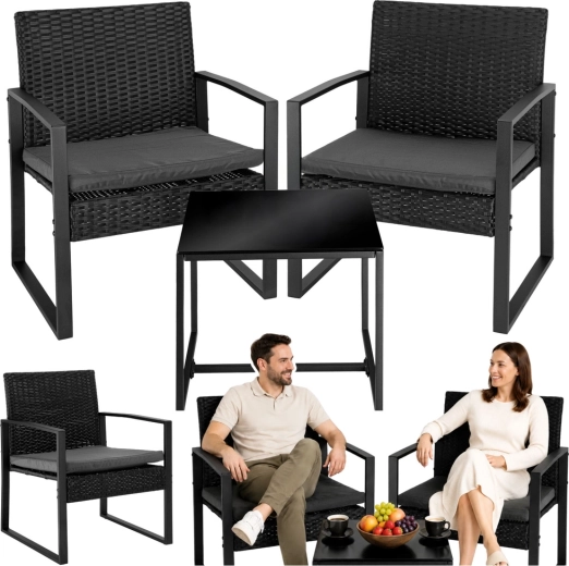 Havesæt i rattan-look med 2 lænestole og bord til altan og terrasse – sort