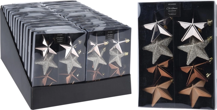 Julepynt stjerne 6,5 cm – mix brun, guld, sølv (8 stk)