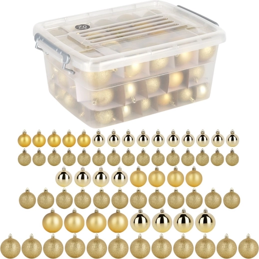 Ubrudelige gyldne julekugler i boks 4 / 5 / 6 cm, 70 stk.