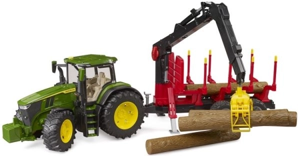 Bruder John Deere 7R 350-traktor med skovbrugstrailer og 4 træstammer