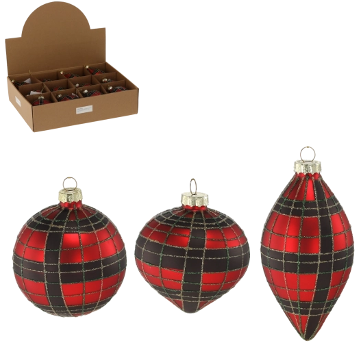 Glasjulepynt rød og sort tern – mix af mønstre