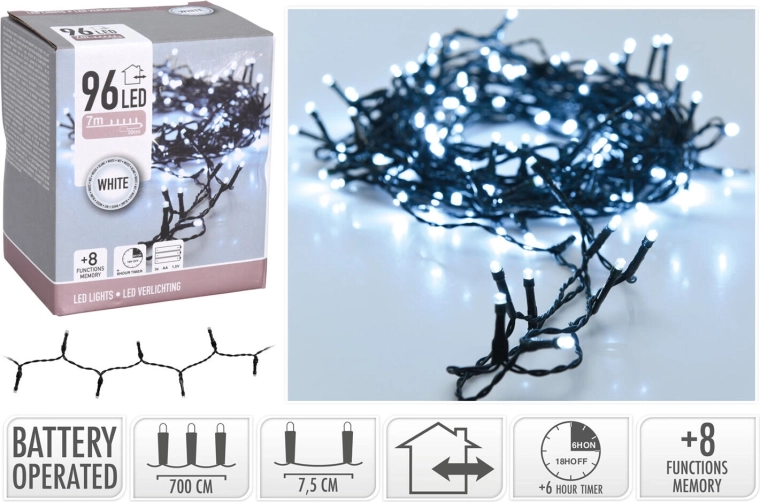 Jule-LED-lys 7 m, 96 LED, kold hvid, 8 funktioner, med timer
