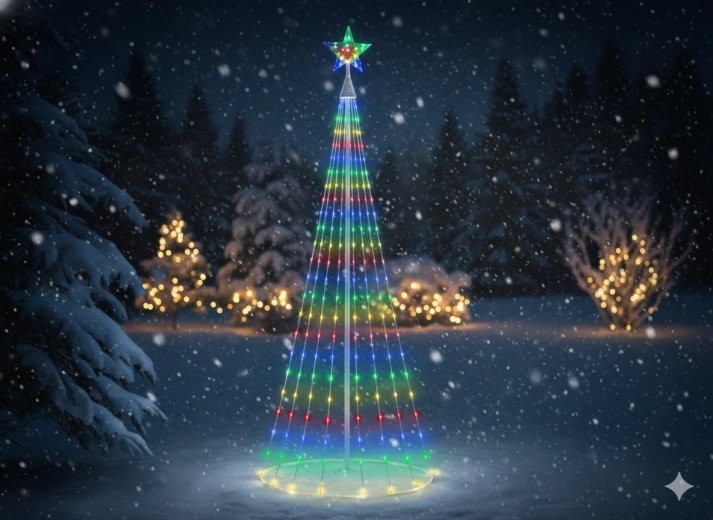 Kegleformet LED-juletræ med stjerne 1,8 m, 320 LED, multicolor, indendørs/udendørs