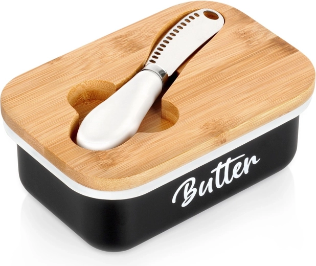 Smørboks i sort med bambuslåg og smørkniv Vilde