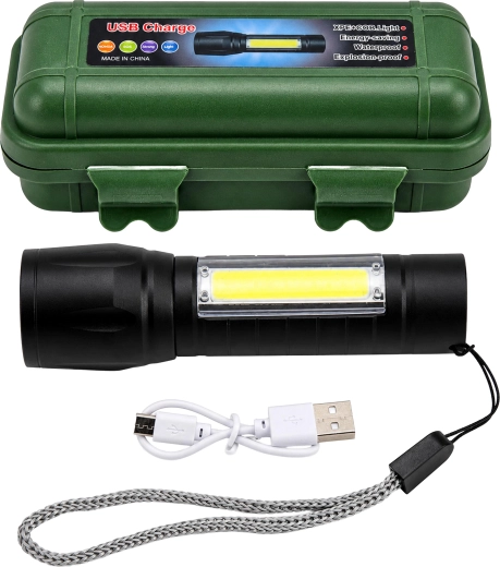 Taktisk LED-lommelygte med COB, USB-opladning, zoom og etui