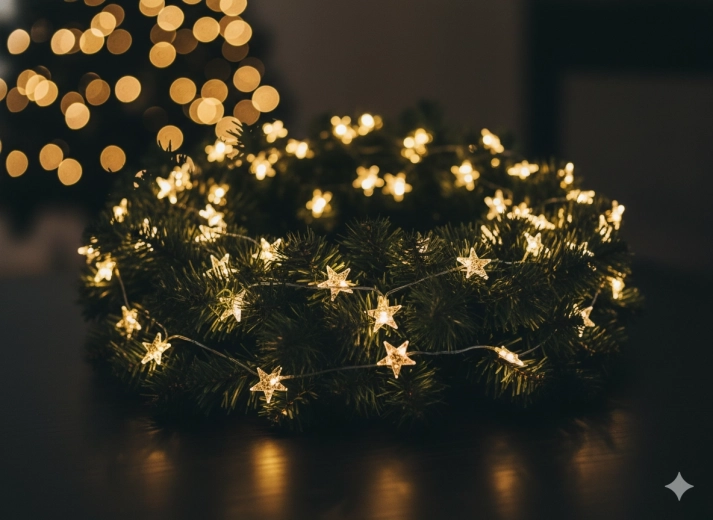 Lyskæde LED stjerner 20 lys på batteri med gylden pynt