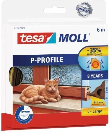 Tætning til vinduer og døre P‑profil 9 × 5,5 mm, brun, 6 m
