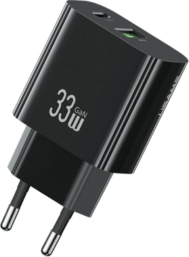 USAMS T65 33W GaN hurtigoplader til stikkontakt med USB-C og USB-A (sort)