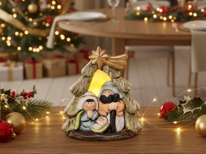 Juledekorationskrybbe i form af træ med LED-belysning 11,5 cm