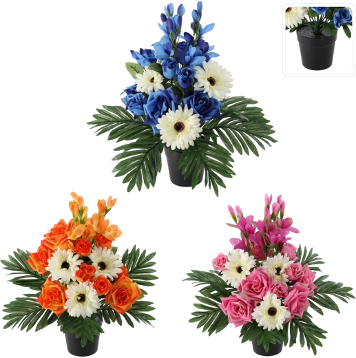 Kunstigt blomsterarrangement i potte 43 cm, farvemix