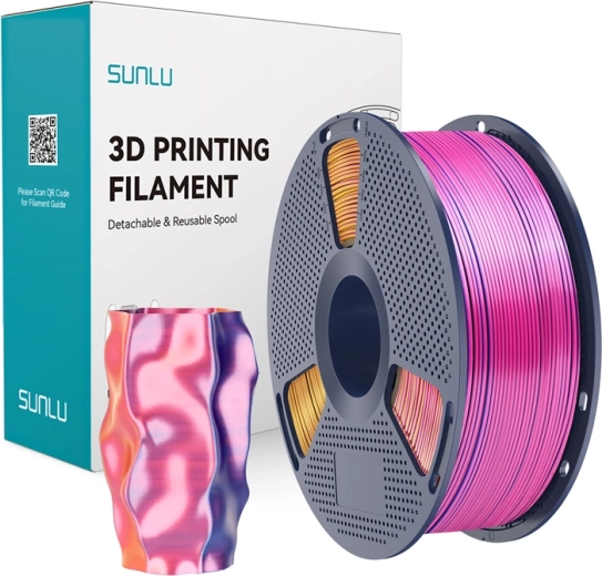 Sunlu PLA+ Silk trefarvet filament rød–gul–blå