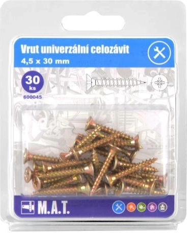 Universelle fuldgevindsskruer 4,5 × 30 mm, galvaniserede, 30 stk.