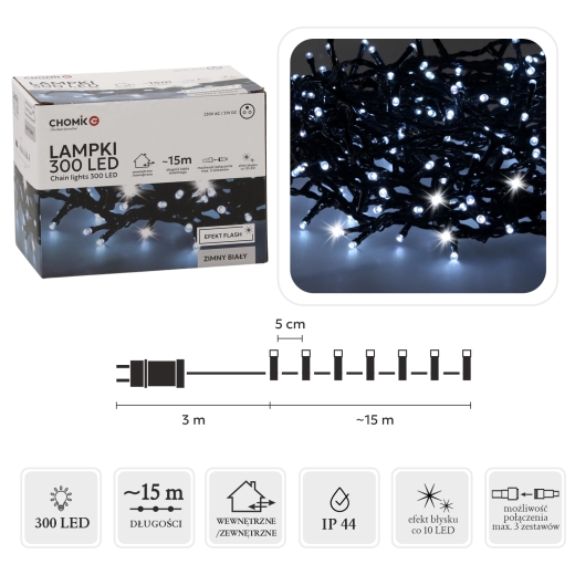 LED lyskæde 300 dioder kold hvid med flash-effekt, 18 m til indendørs og udendørs brug