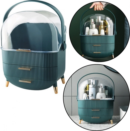 Makeup-organizer med gennemsigtigt låg og to skuffer, grøn