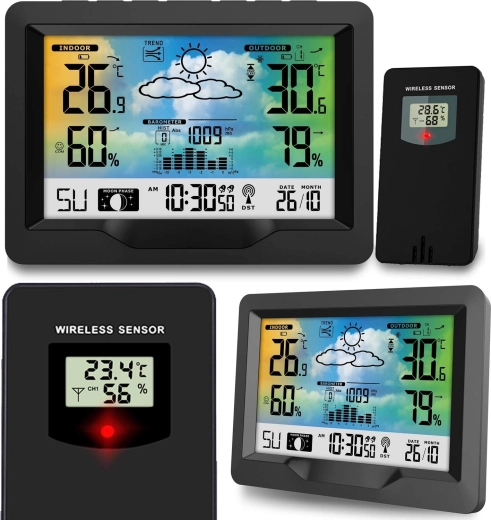 Trådløs vejrstation med farvedisplay og DCF-synkronisering, sort