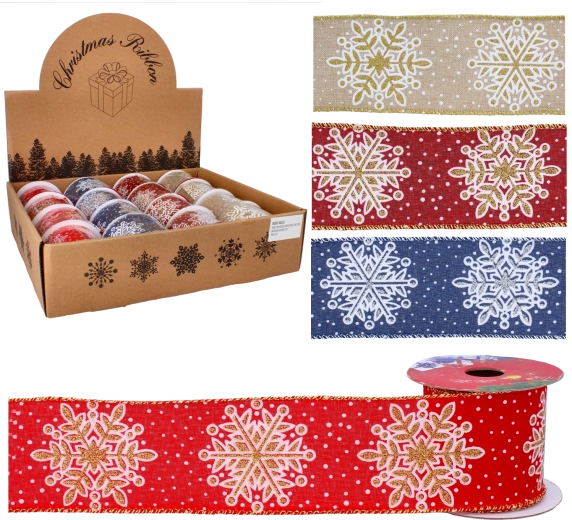 Juledekorativt bånd med snefnug 6,3 cm × 2,7 m