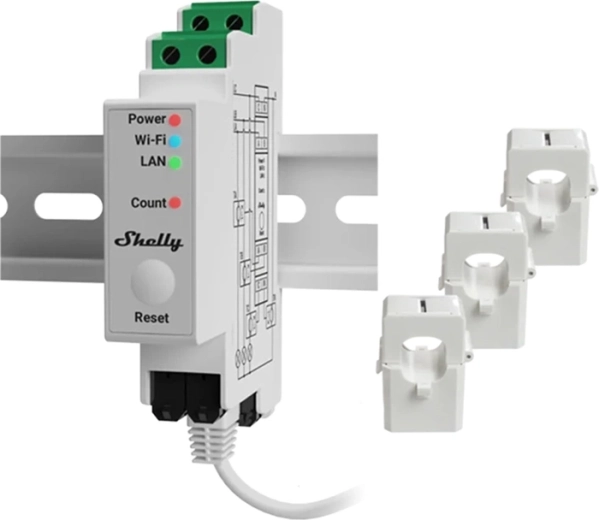 Shelly Pro 3EM Matter trefaset elmåler 120 A til DIN-skinne