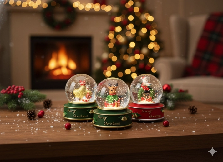 Julesnekugle med julemand, stjerne og rensdyr 7,8 × 7,8 × 8,5 cm