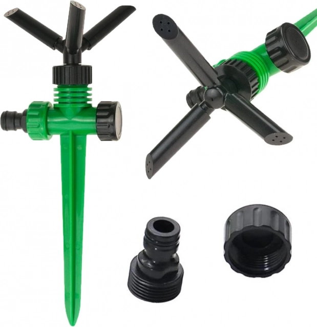 Roterende havesprinkler 360° med 3 arme og jordspyd