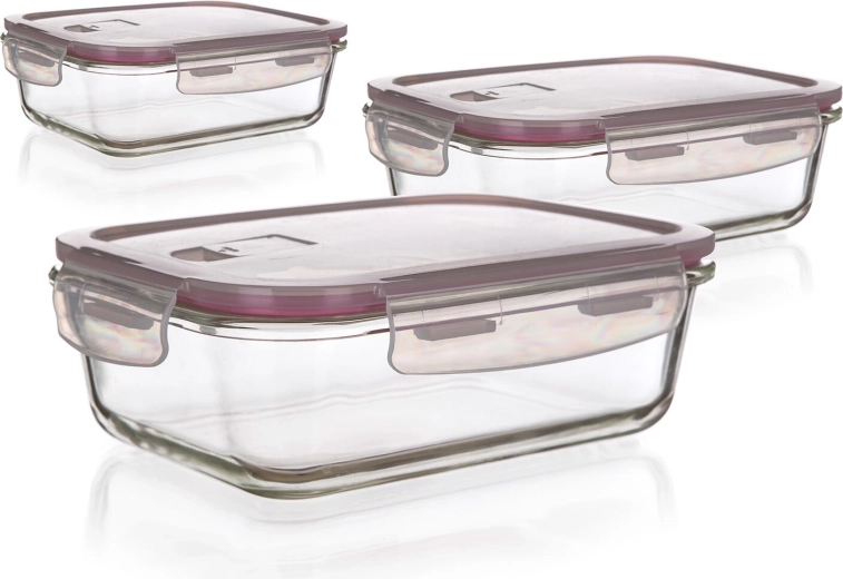 Sæt af rektangulære glasbeholdere Lora med låg, 3 stk (0,55 l, 0,95 l, 1,45 l)