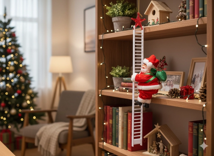 Sankt Nikolaus klatrer på stige 20,5 cm – bevægelig juledekoration med melodi