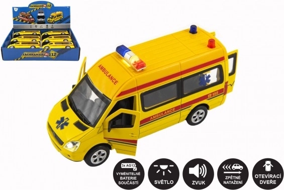 Ambulance – metal-plast legetøjsbil med lys og lyde, 15 cm, pullback
