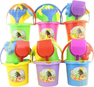 Sandsæt med motiv – spand, skovl, rive og vandkande