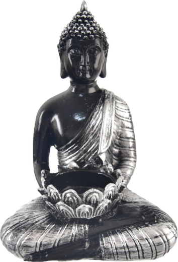 Keramisk Buddha-lysestage til fyrfadslys i sølv-sort